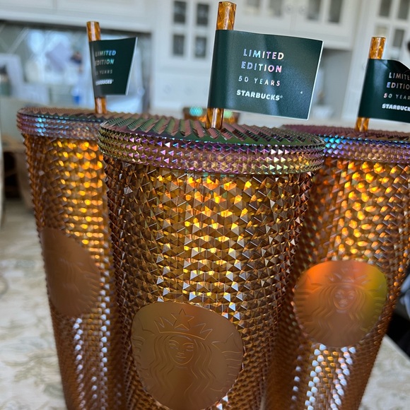 (4) Starbucks 50th Anniversary studded gold tumbler NWT - Picture 1 of 2